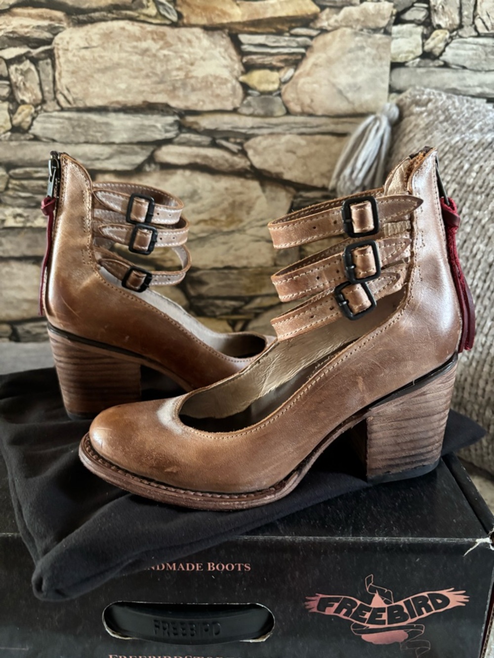 Freebird by Steven Tan Leather Triple-Strap Block Heel Ankle Boots